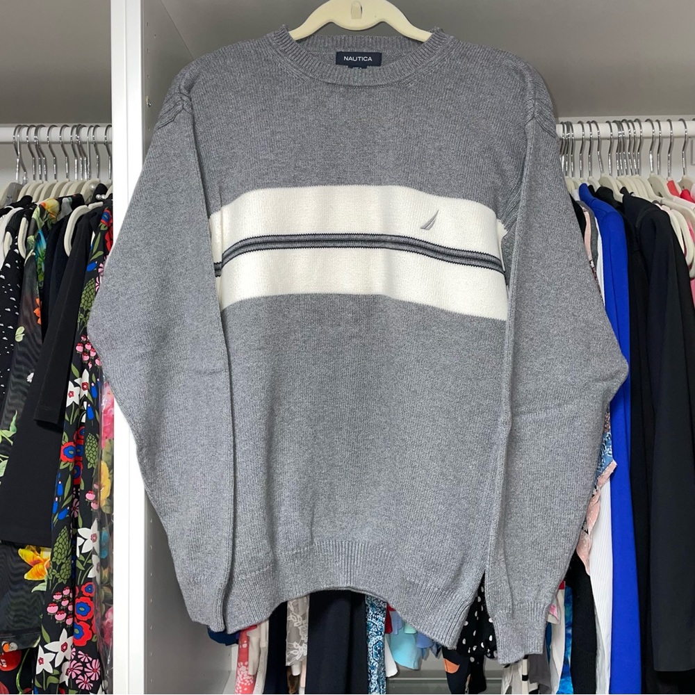 Men’s Nautica Gray and White Striped Crew Neck Sweater Nautical Grey Thick Heavy